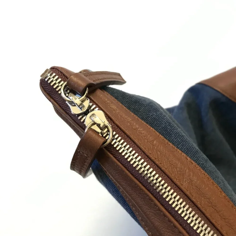Eleventy Canvas Leather Travel Tote Bag Mens Navy Blue Brown Commuter Top Zipper